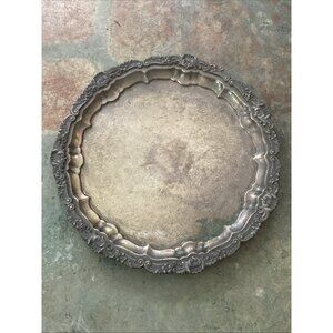 VTG Rogers Silver Co. Etched Round Serving Tray Heavy Plated Footed 14”